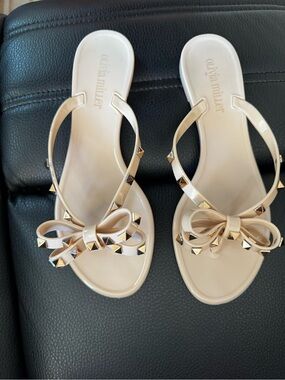 Olivia Miller Nude Bow Jelly Sandals with Gold Studs